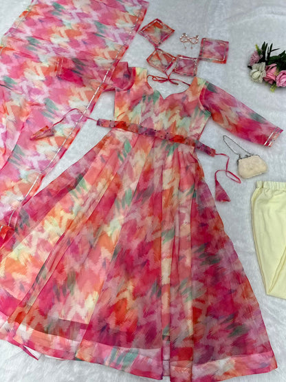 Multi Color Digital Print Organza Anarkali Suit
