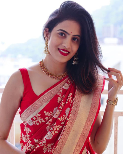 Wedding Wear Red Color Jari Design Saree