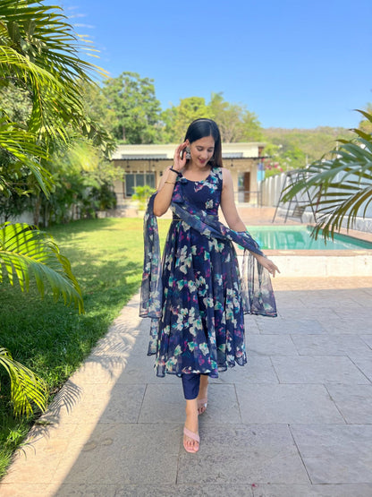 Fantastic Navy Blue Color Printed Anarkali Suit
