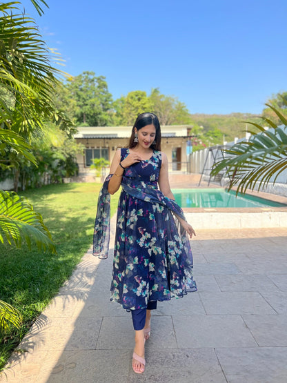 Fantastic Navy Blue Color Printed Anarkali Suit