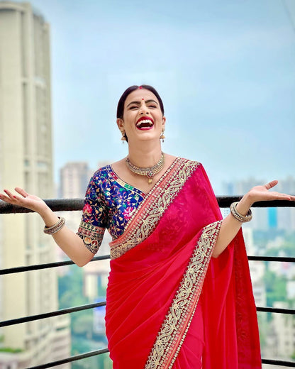 Exclusive Red Color Embroidery Work Border Saree