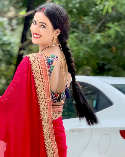 Exclusive Red Color Embroidery Work Border Saree
