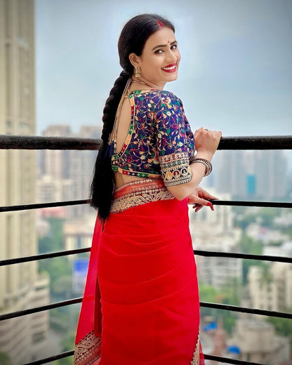 Exclusive Red Color Embroidery Work Border Saree
