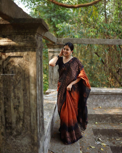 Mesmerizing  Black With Orange Color Saree