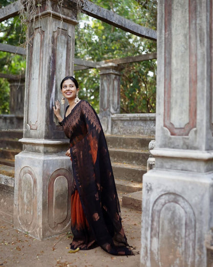 Mesmerizing  Black With Orange Color Saree