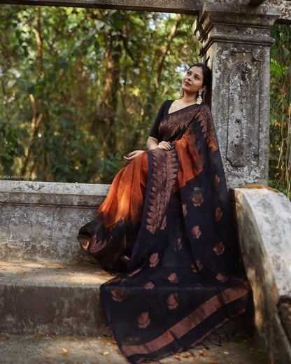 Mesmerizing  Black With Orange Color Saree