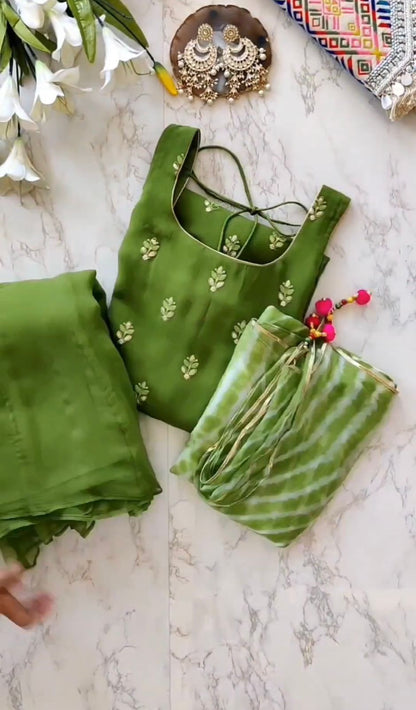 Green Color Work Palazzo Suit With Leheriya Print Dupatta