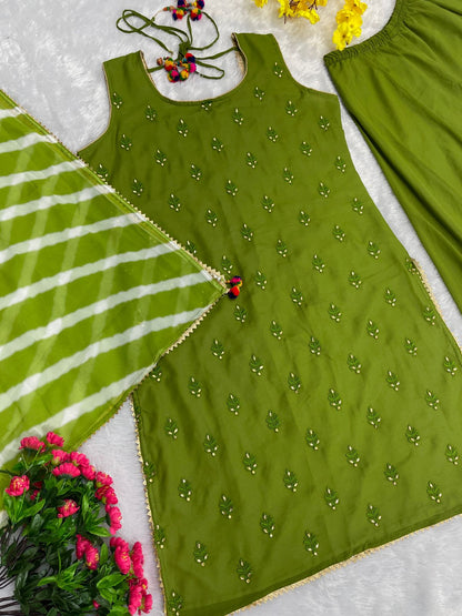 Green Color Work Palazzo Suit With Leheriya Print Dupatta