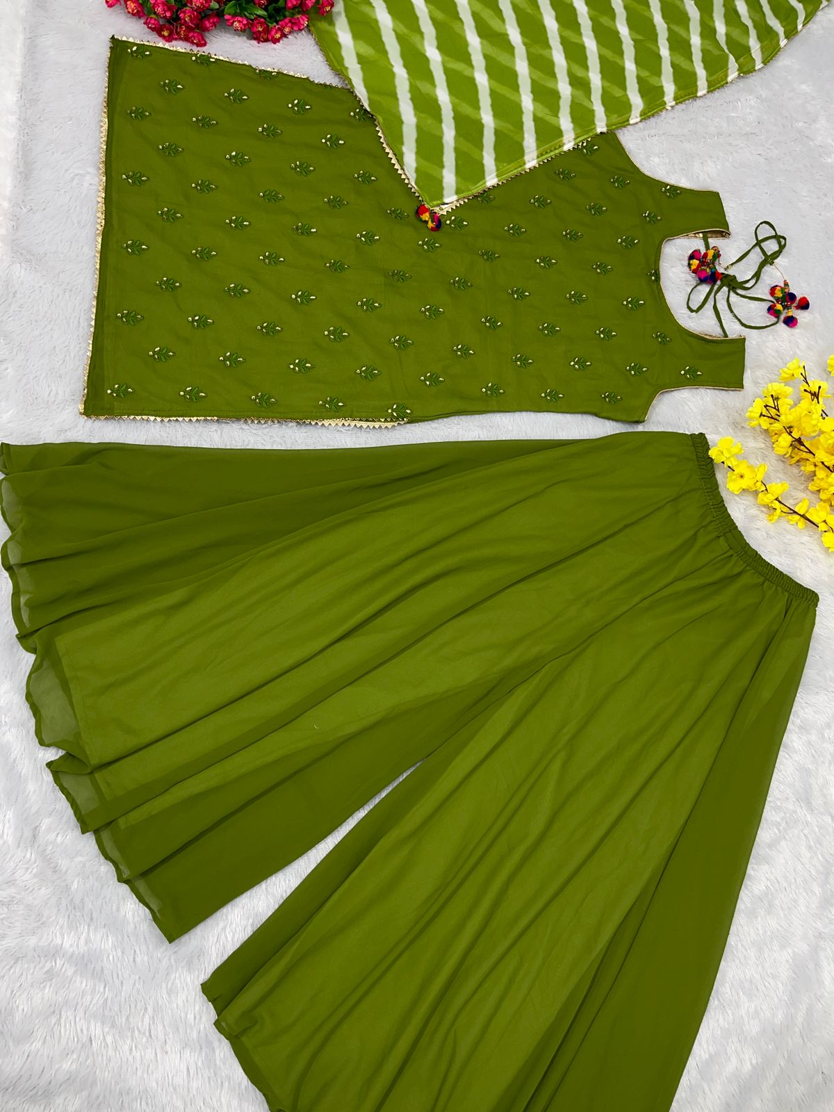 Green Color Work Palazzo Suit With Leheriya Print Dupatta
