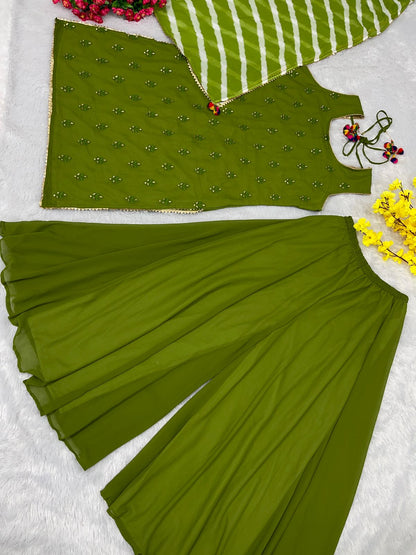 Green Color Work Palazzo Suit With Leheriya Print Dupatta