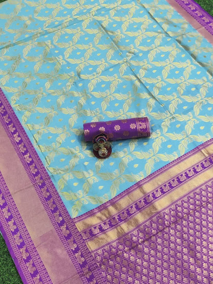 Golden Jari Design Sky Blue Color Jacquard Border Saree