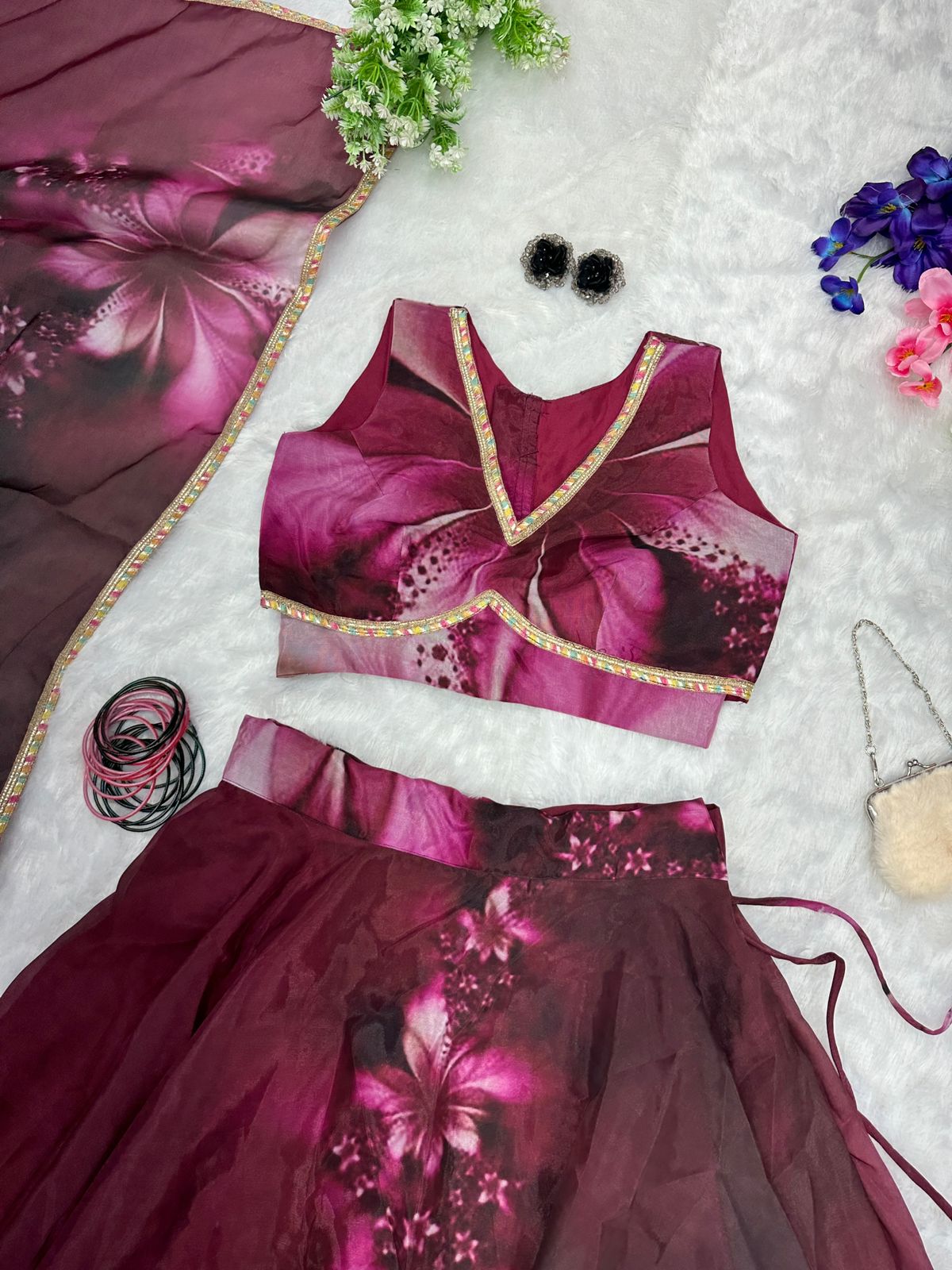 Innovative Maroon Color Organza Silk Lehenga Choli
