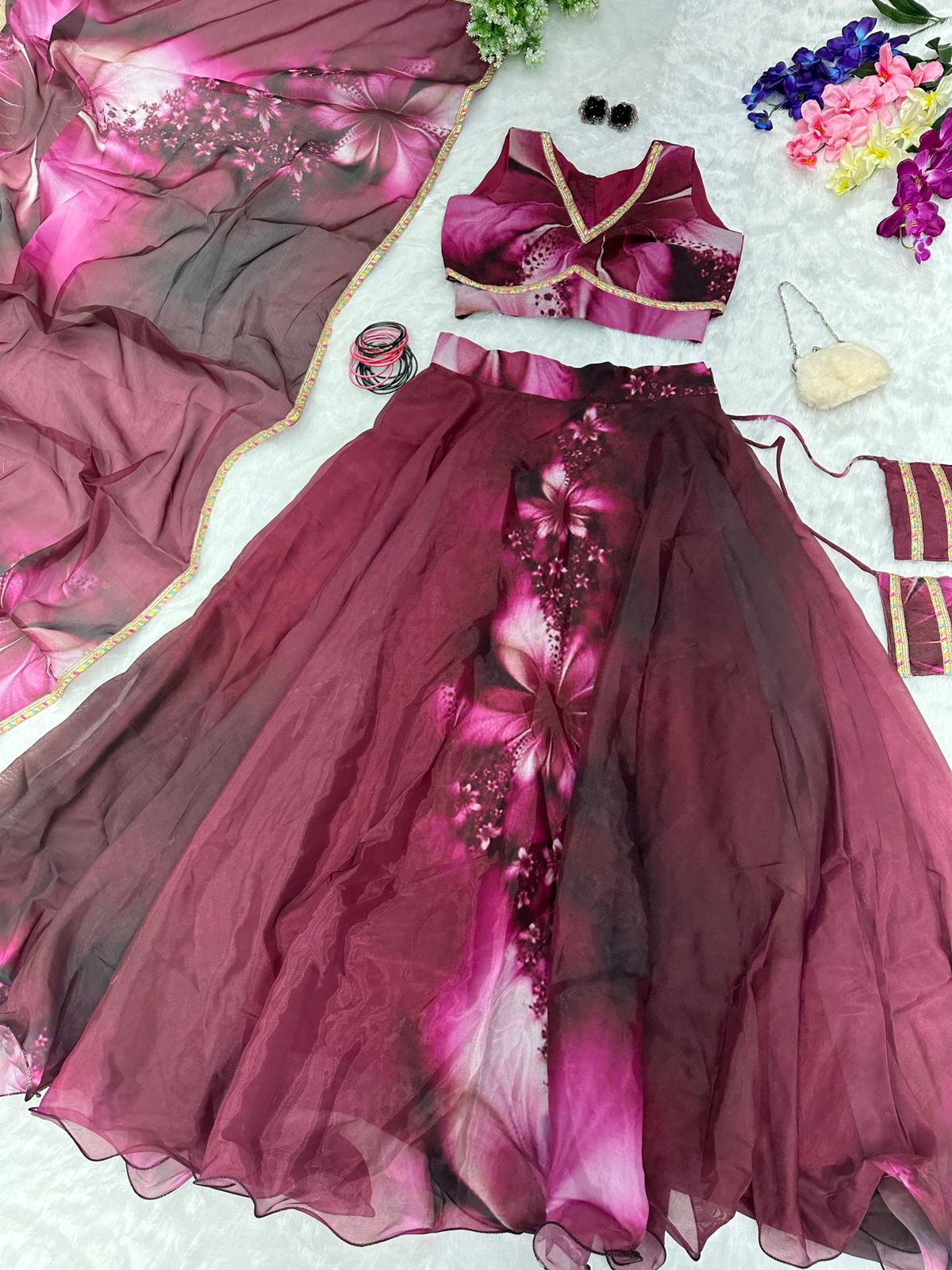 Innovative Maroon Color Organza Silk Lehenga Choli