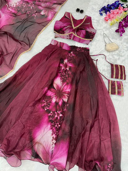 Innovative Maroon Color Organza Silk Lehenga Choli