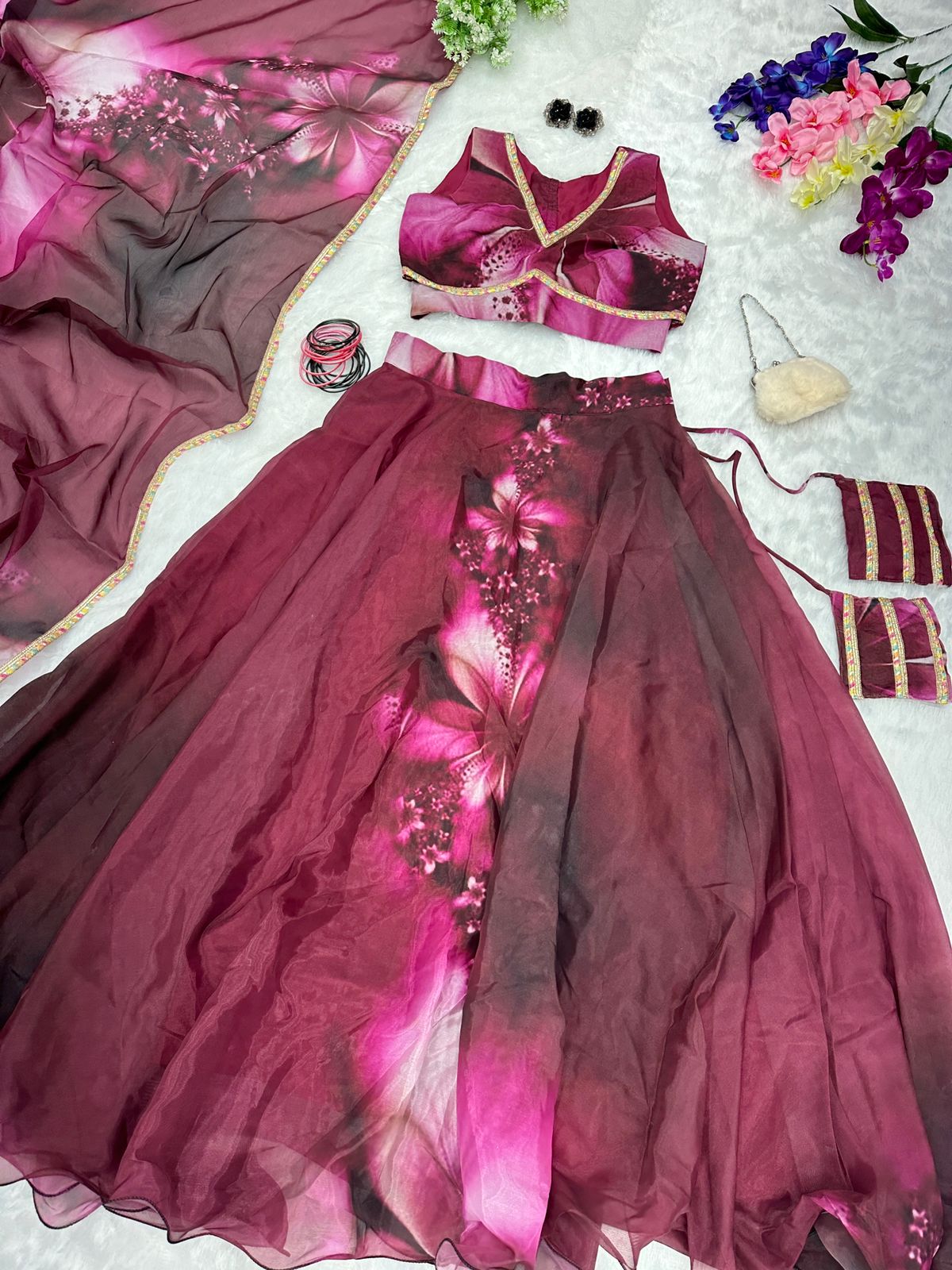 Innovative Maroon Color Organza Silk Lehenga Choli