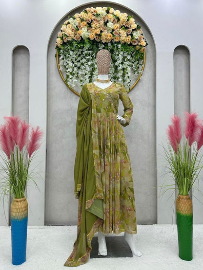 Green Color Digital PrintWith Hand Work Gown