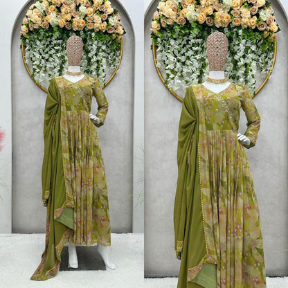 Green Color Digital PrintWith Hand Work Gown
