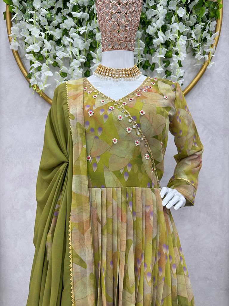Green Color Digital PrintWith Hand Work Gown