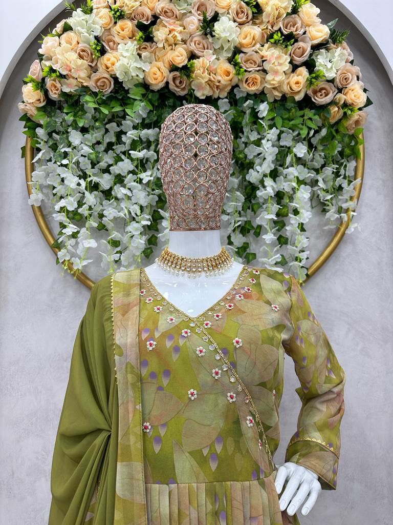 Green Color Digital PrintWith Hand Work Gown