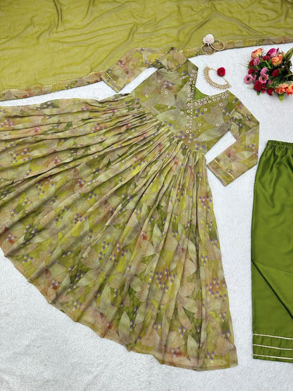 Green Color Digital PrintWith Hand Work Gown