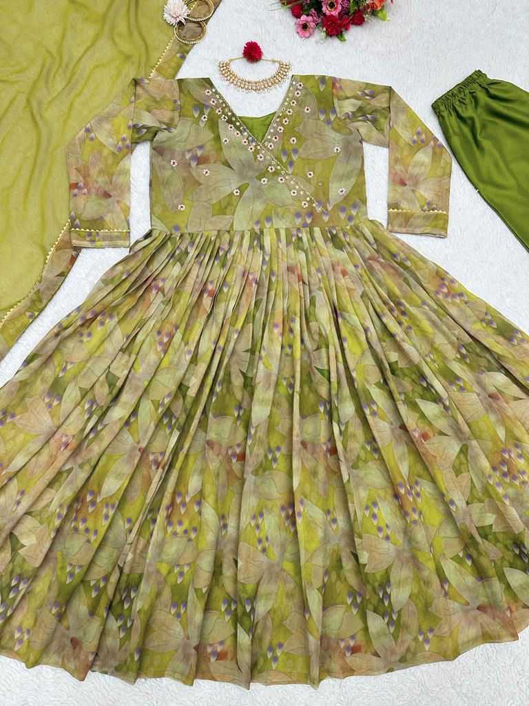 Green Color Digital PrintWith Hand Work Gown