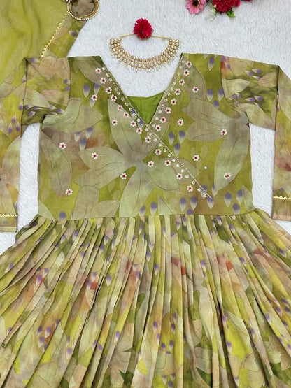 Green Color Digital PrintWith Hand Work Gown