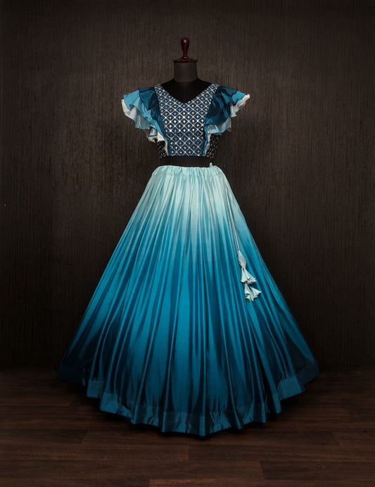Decent Teal Blue Color Fancy Sleeve Blouse With Lehenga