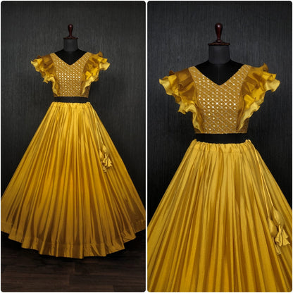 Decent Yellow Color Fancy Sleeve Blouse With Lehenga