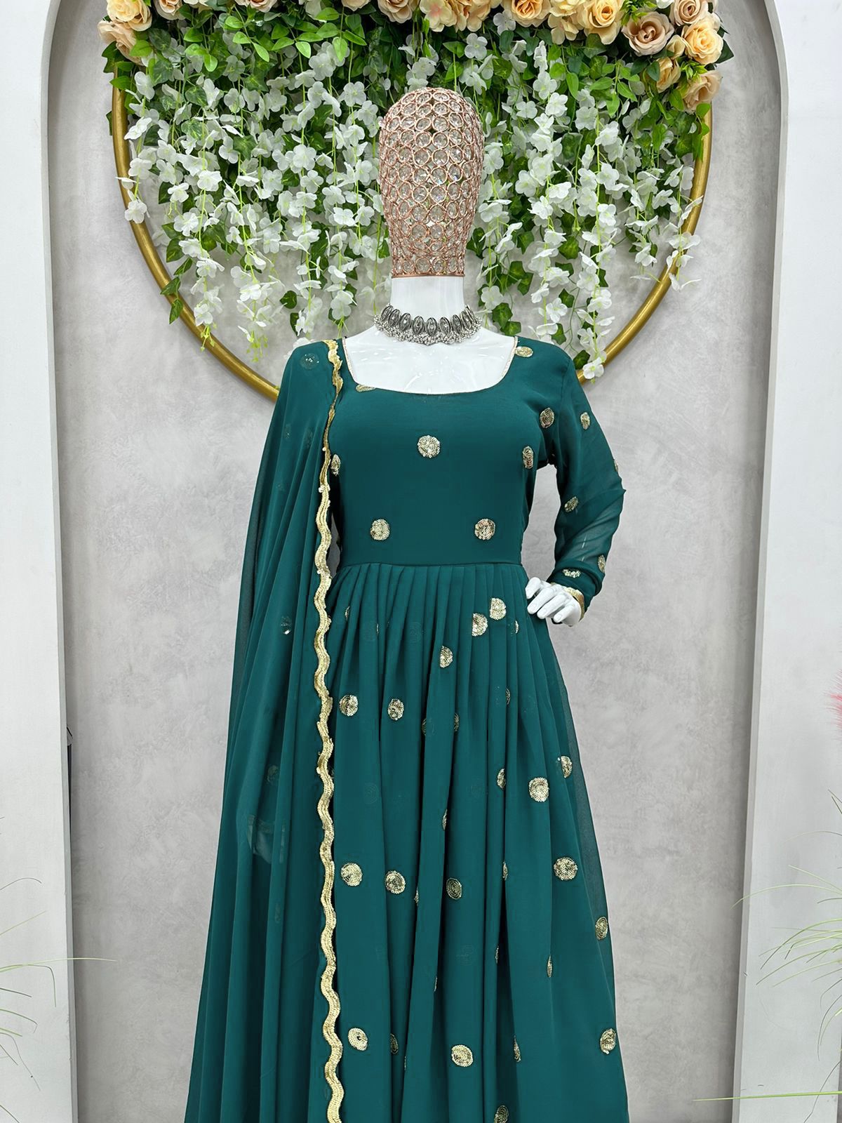 Festive Wear Teal Blue Color Sequence Work Gown