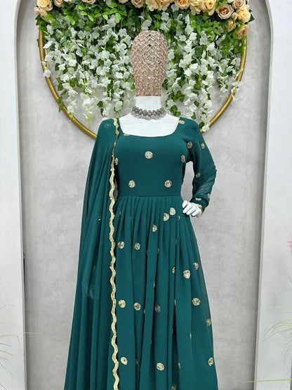 Festive Wear Teal Blue Color Sequence Work Gown