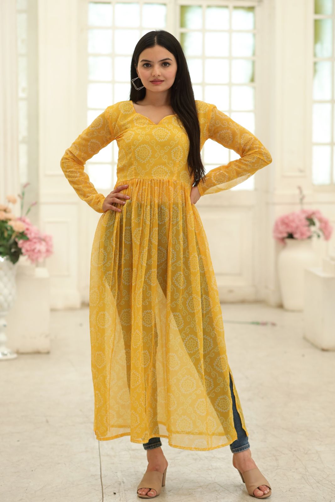 Casual Wear Yellow Color Bandhani Print Kurti