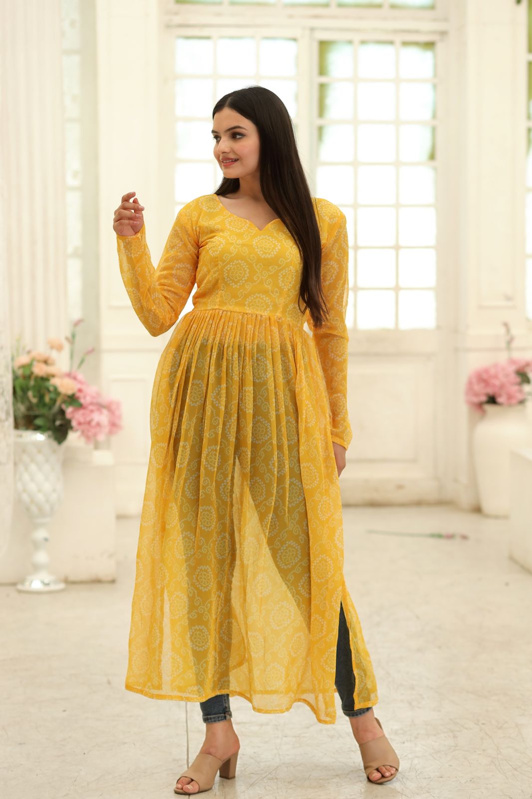 Casual Wear Yellow Color Bandhani Print Kurti