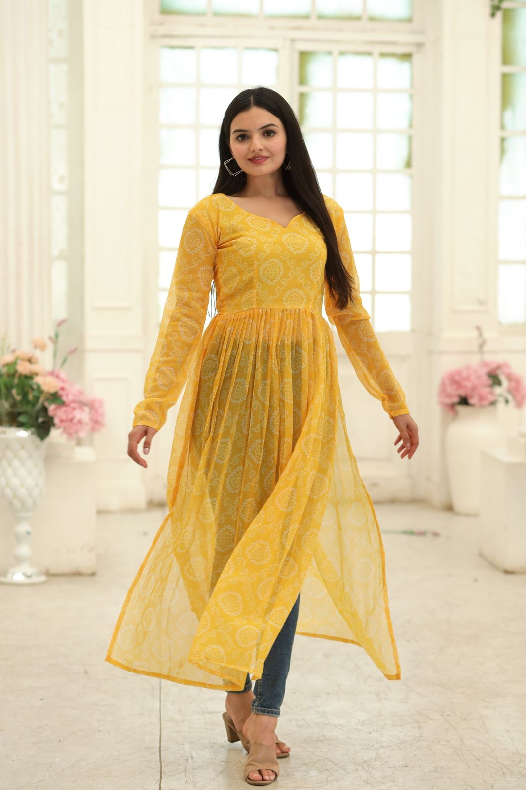 Casual Wear Yellow Color Bandhani Print Kurti