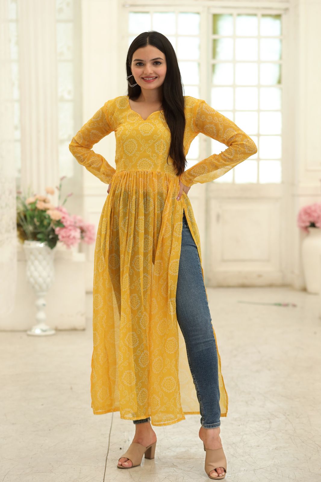 Casual Wear Yellow Color Bandhani Print Kurti