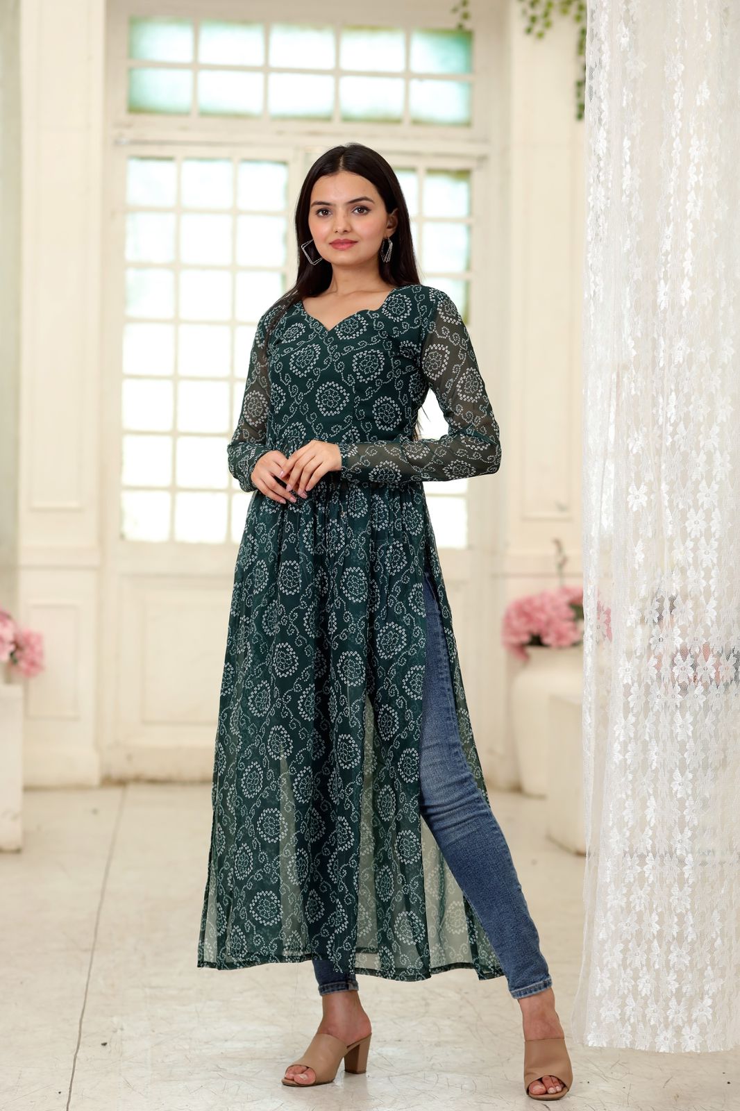 Casual Wear Green Color Bandhani Print Kurti