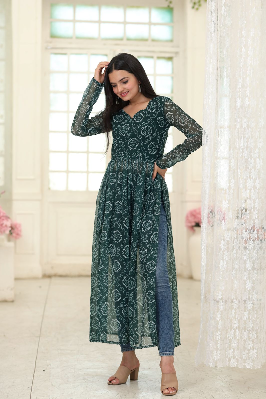 Casual Wear Green Color Bandhani Print Kurti
