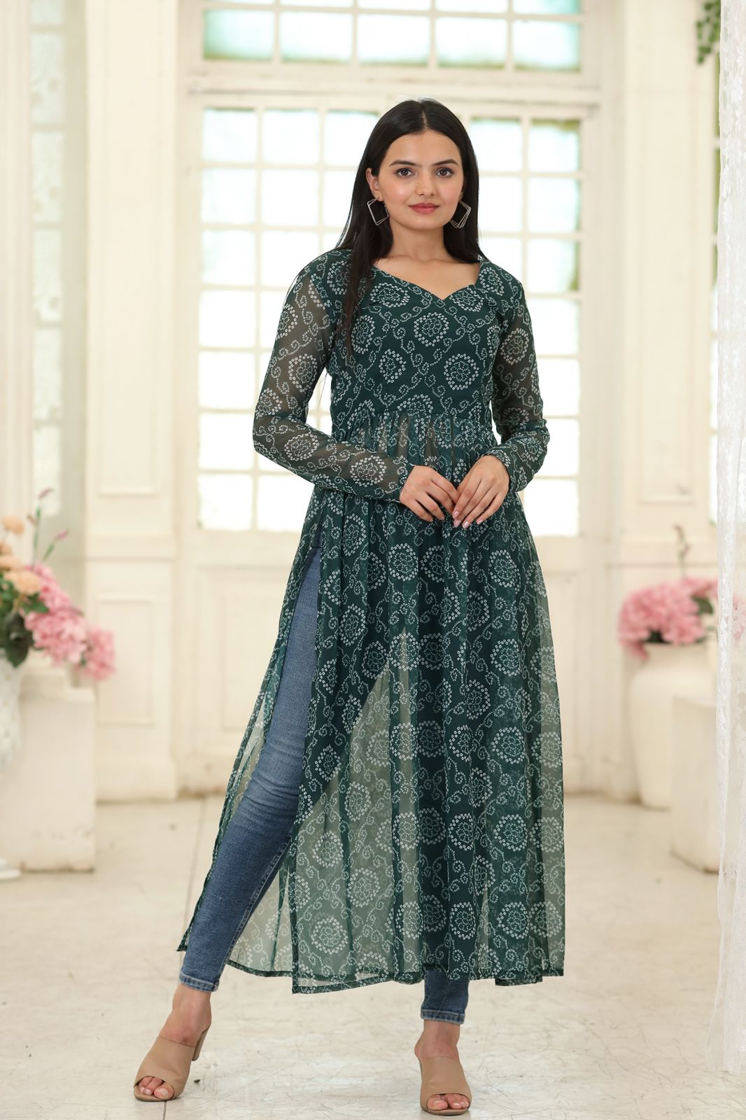 Casual Wear Green Color Bandhani Print Kurti