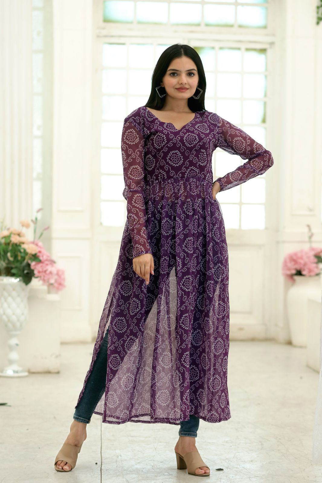 Casual Wear Wine Color Bandhani Print Kurti