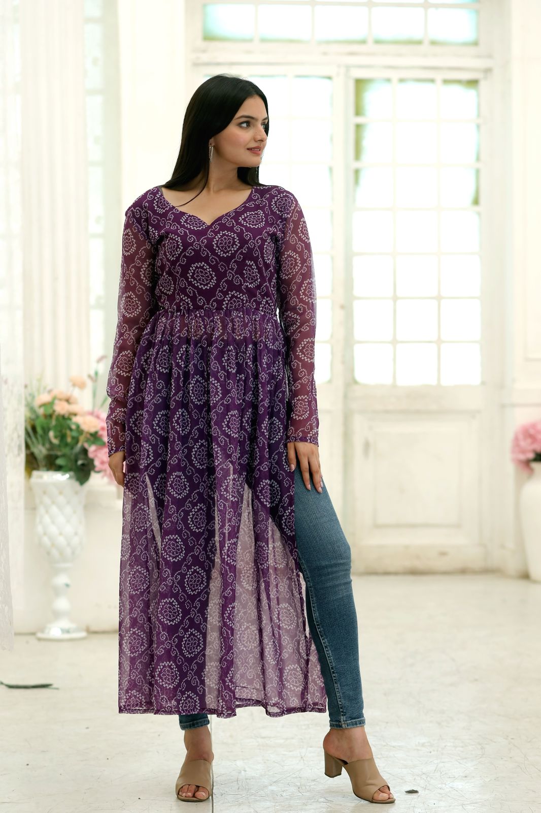 Casual Wear Wine Color Bandhani Print Kurti
