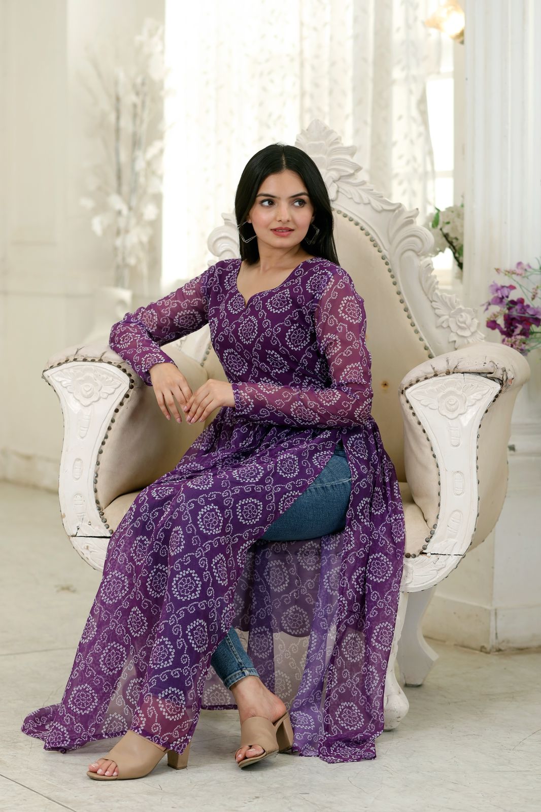 Casual Wear Wine Color Bandhani Print Kurti