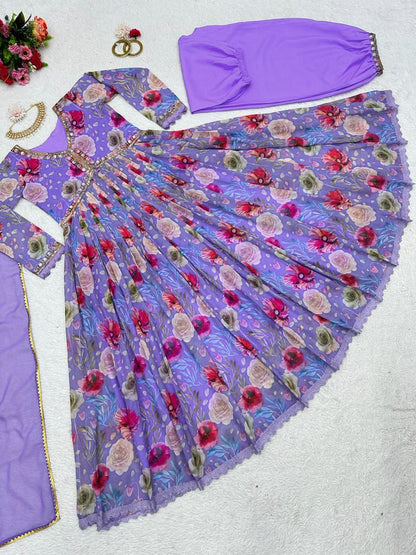 Lavender Color Rose Flower Print Anarkali Gown