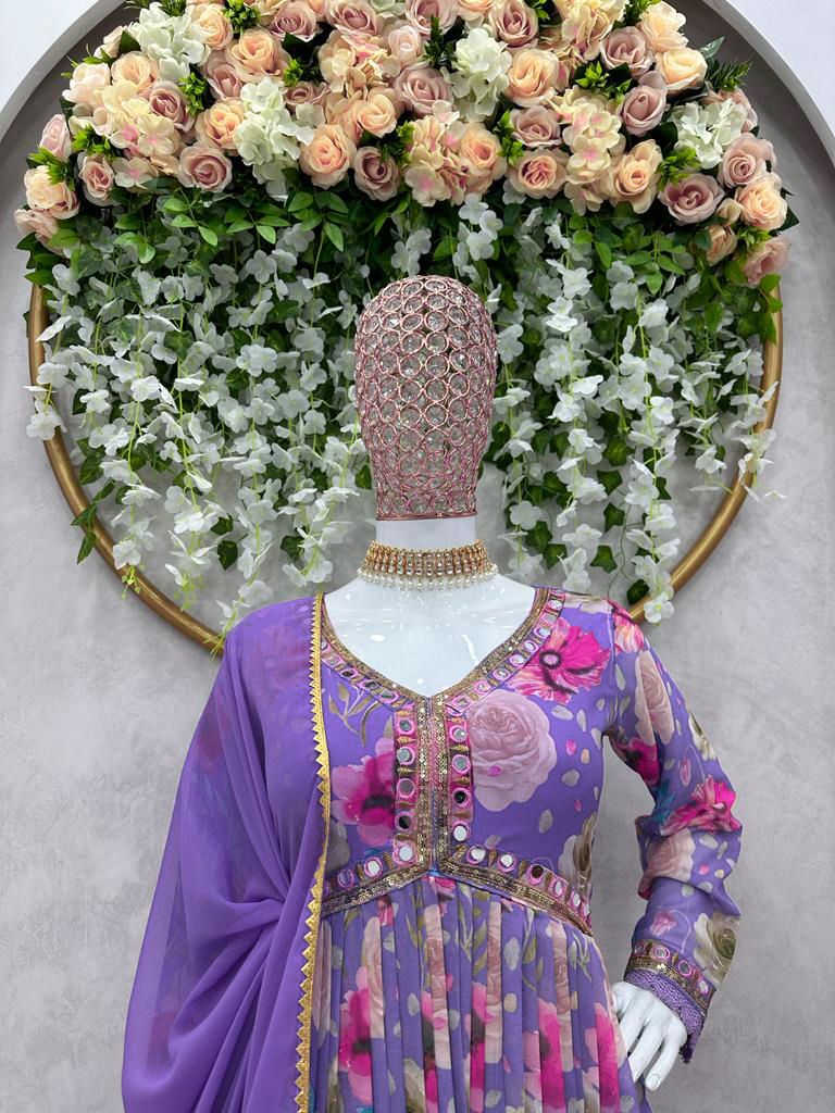 Lavender Color Rose Flower Print Anarkali Gown