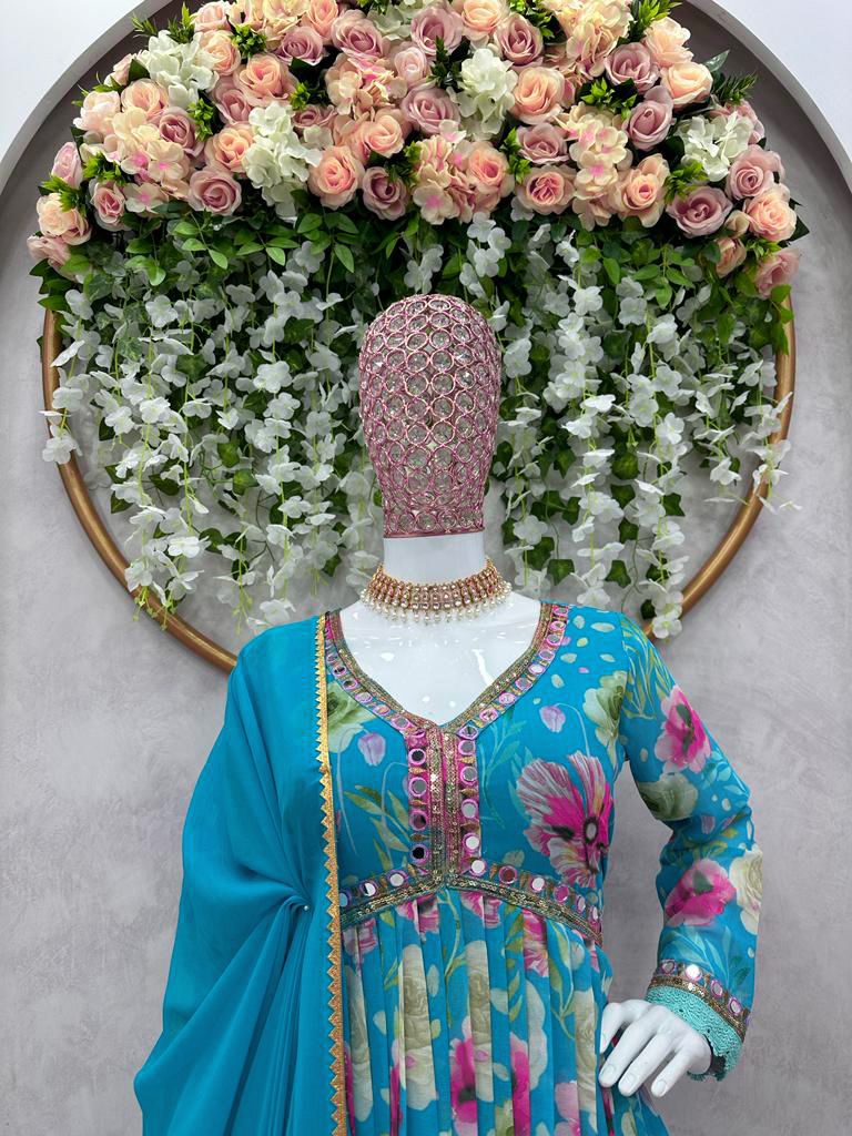 Sky Blue Color Rose Flower Print Anarkali Gown