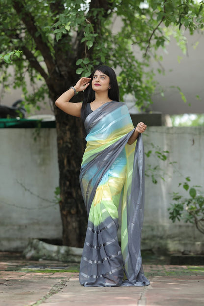 Satin Strip Gray Color Shading Ready To Wear Saree
