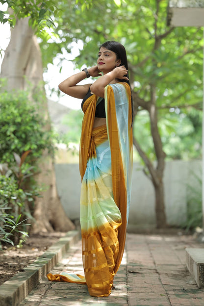 Satin Strip Mustard Color Shading Ready To Wear Saree