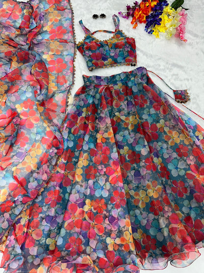 Flower Design Multi Color Organza Lehenga Choli