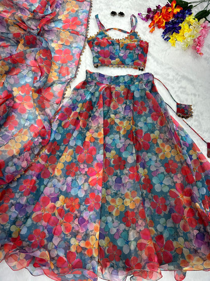 Flower Design Multi Color Organza Lehenga Choli