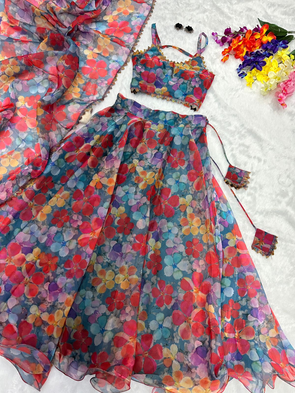 Flower Design Multi Color Organza Lehenga Choli