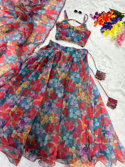 Flower Design Multi Color Organza Lehenga Choli