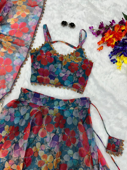 Flower Design Multi Color Organza Lehenga Choli